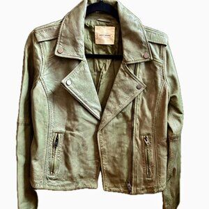Lucky Brand Leather Moto Jacket Distressed Olive Green Womens S  NEW